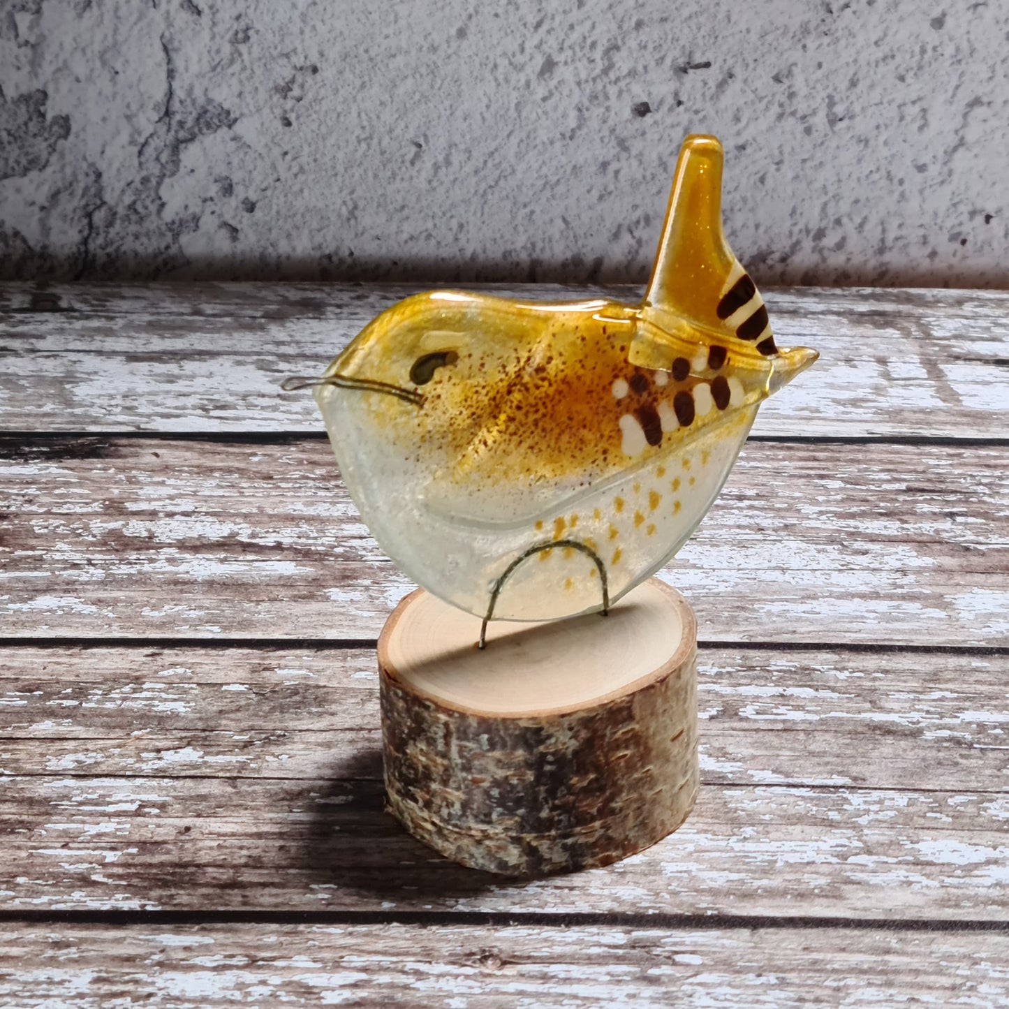 Fused Glass Wren Suncatcher on Log Slice