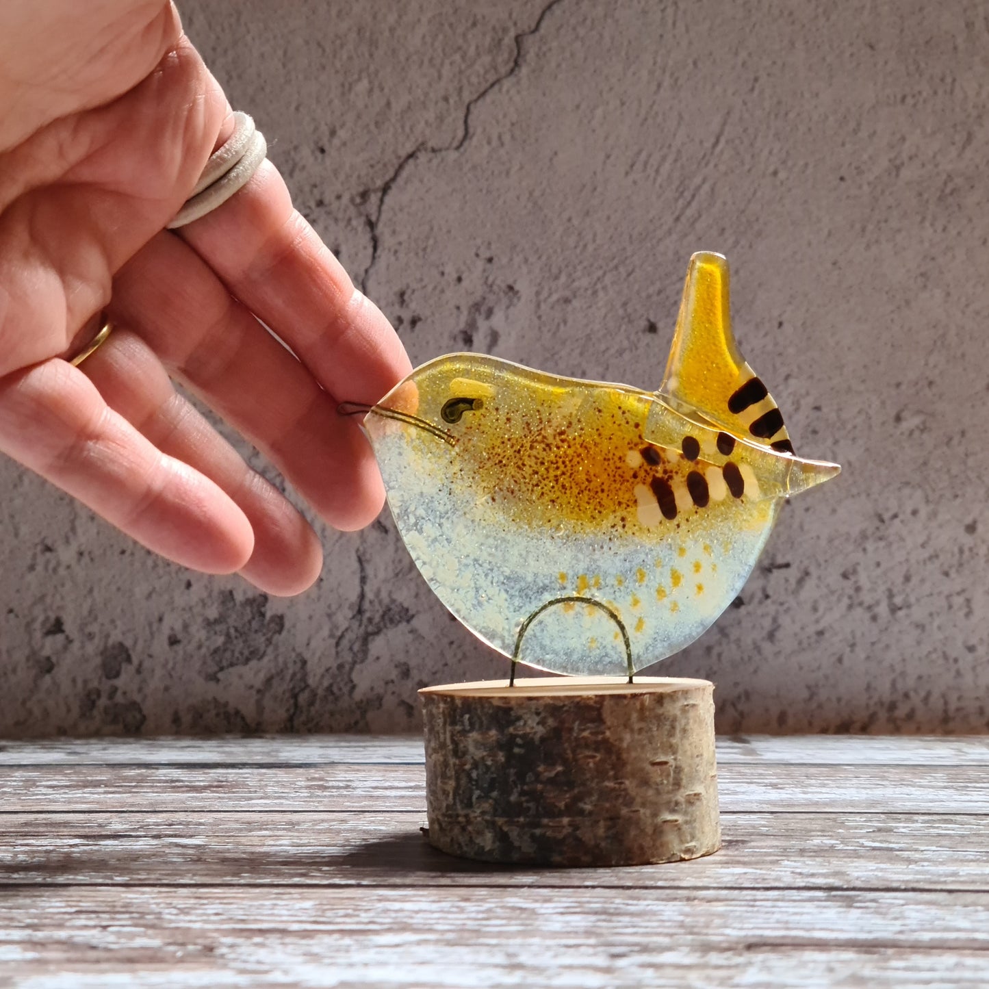 Fused Glass Wren Suncatcher on Log Slice